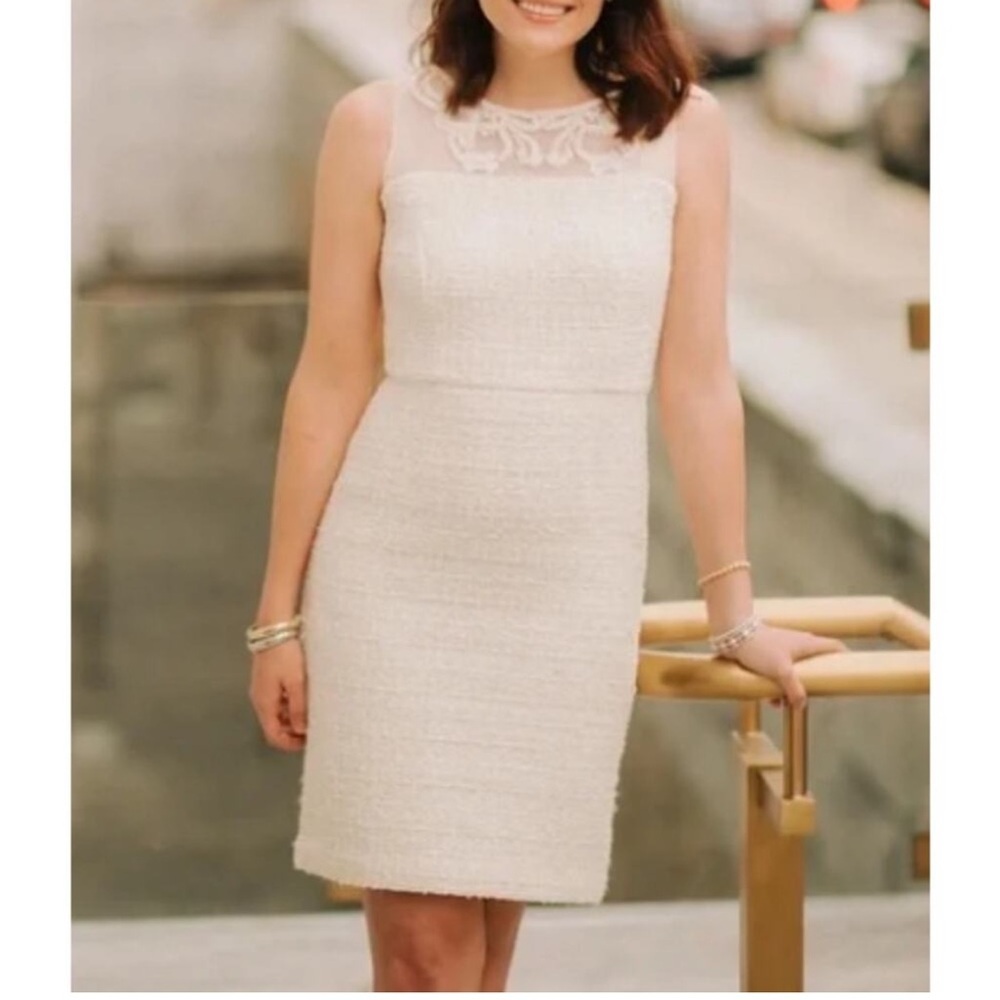 Brooks Brothers 4P Cream Lace Sheath Dress | Petite Sleeveless Textured Career
